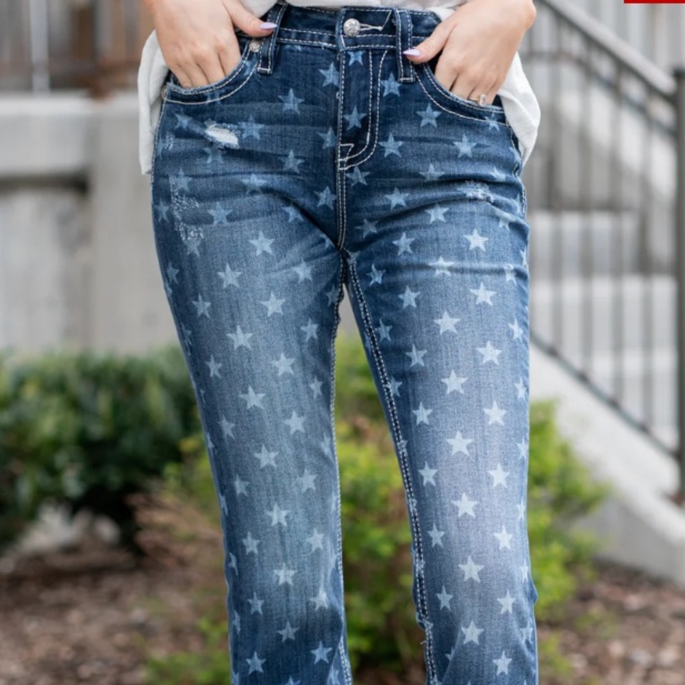 MISS ME Jeans 29 Star print boot cut TALL Rodeo 4th of July parade patriotic